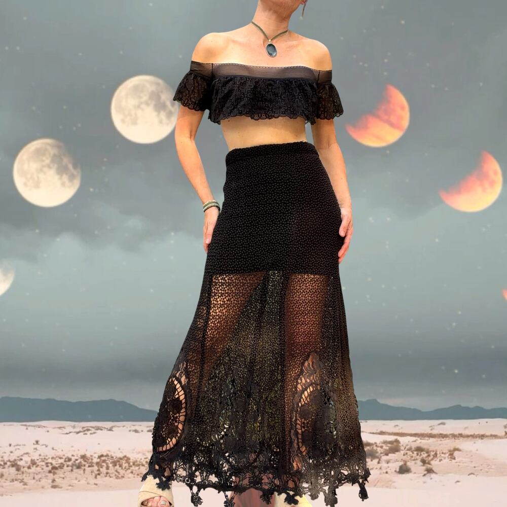 Free People Black Crochet Lace Maxi Skirt Sheer Fairy Grunge Boho